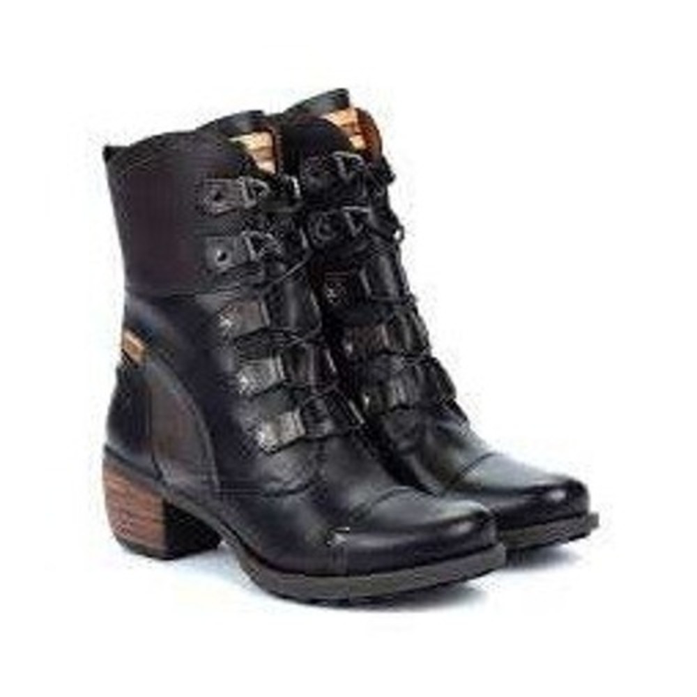 Pikolinos Le Mans Black Leather Lace Up Boots Block Heel Sz 39 (8 - 8.5) Witchy